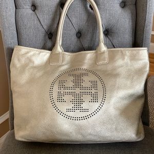 Tory Burch Large Logo Perforated Metallic Gold  Leather Tote